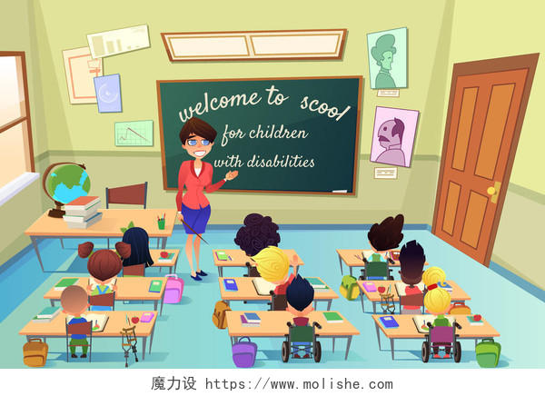 彩色教室插画上学第一课开学讲课的老师和学生坐轮椅的残疾儿童插画